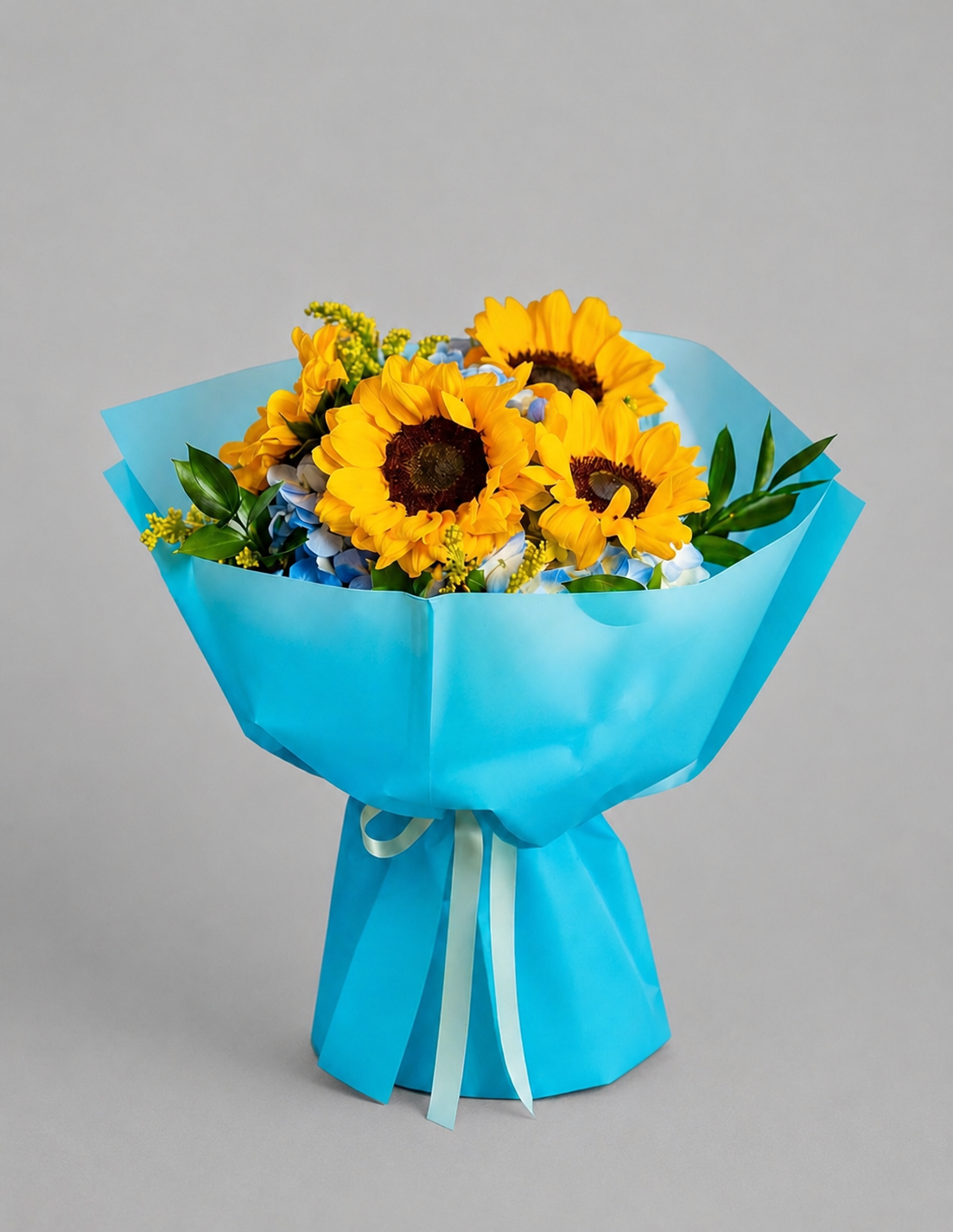 Sunny Blumme Sunflower and Blue Hydrangea Bouquet