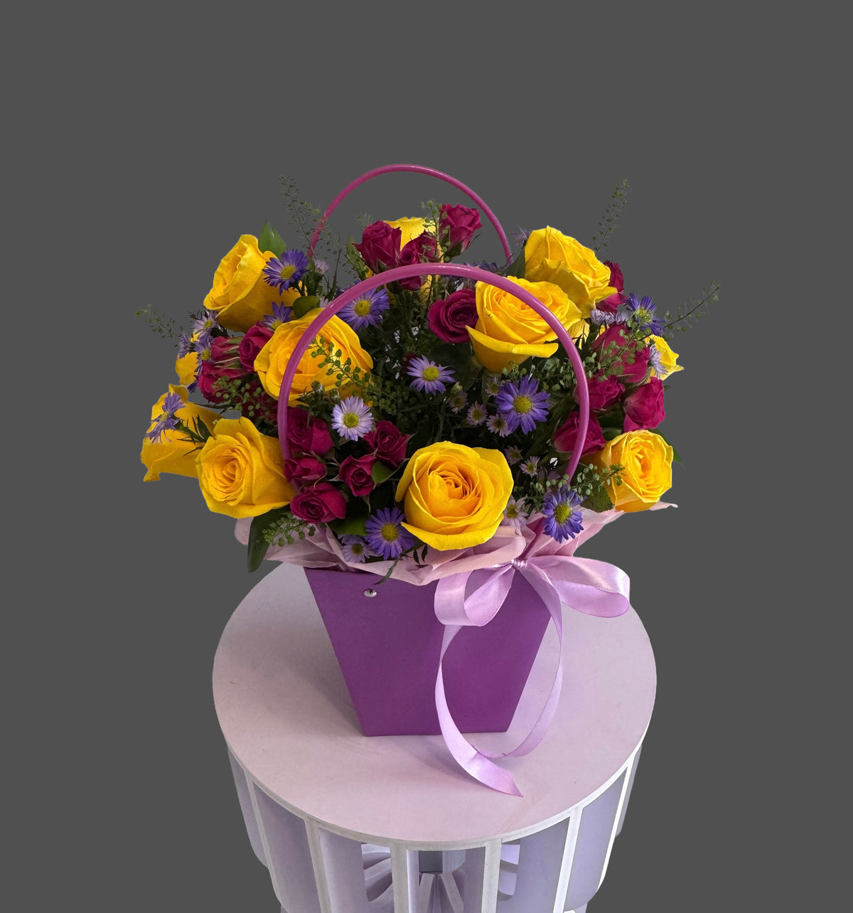 Lilac Floral Bag Yellow Rose and Purple Aster Bouquet